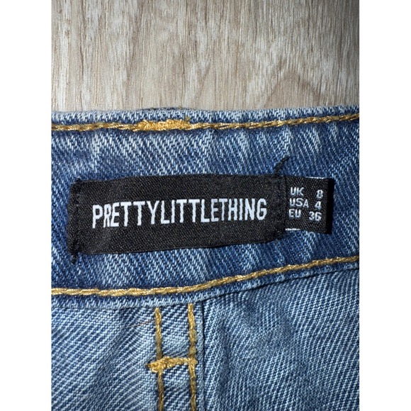 PrettyLittleThing Blue Denim Jeans Raw Hem‎ High Waist Straight Leg Size 4 - Picture 2 of 7